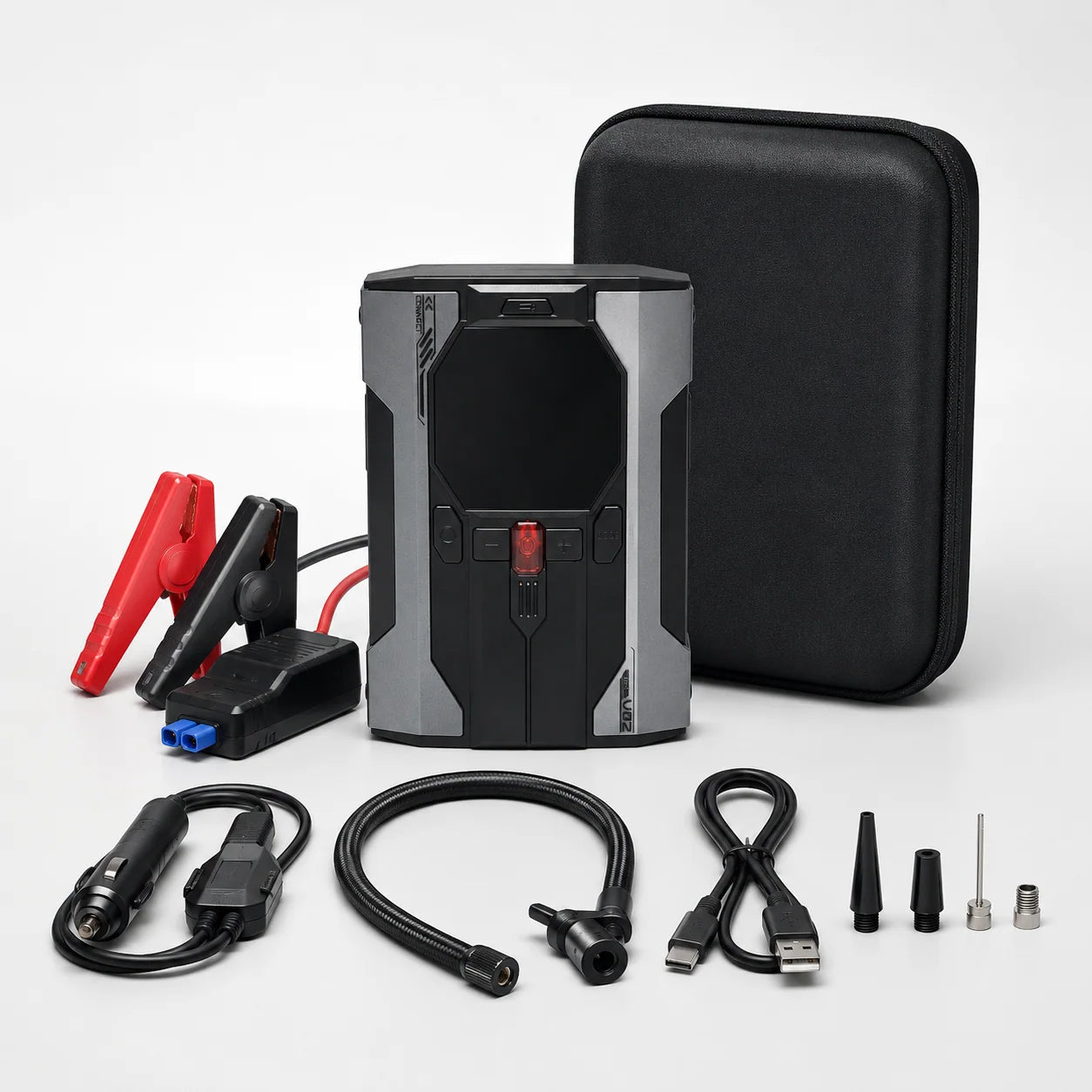 V02 Max unit with hard case, protected clamps, 12V lead, hose, USB cable and adapters