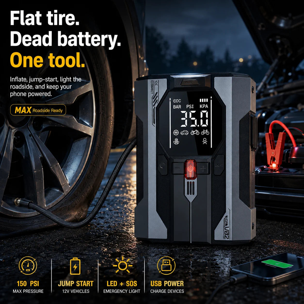 V02 Max roadside system with inflation, jump-start, lighting and emergency power roles
