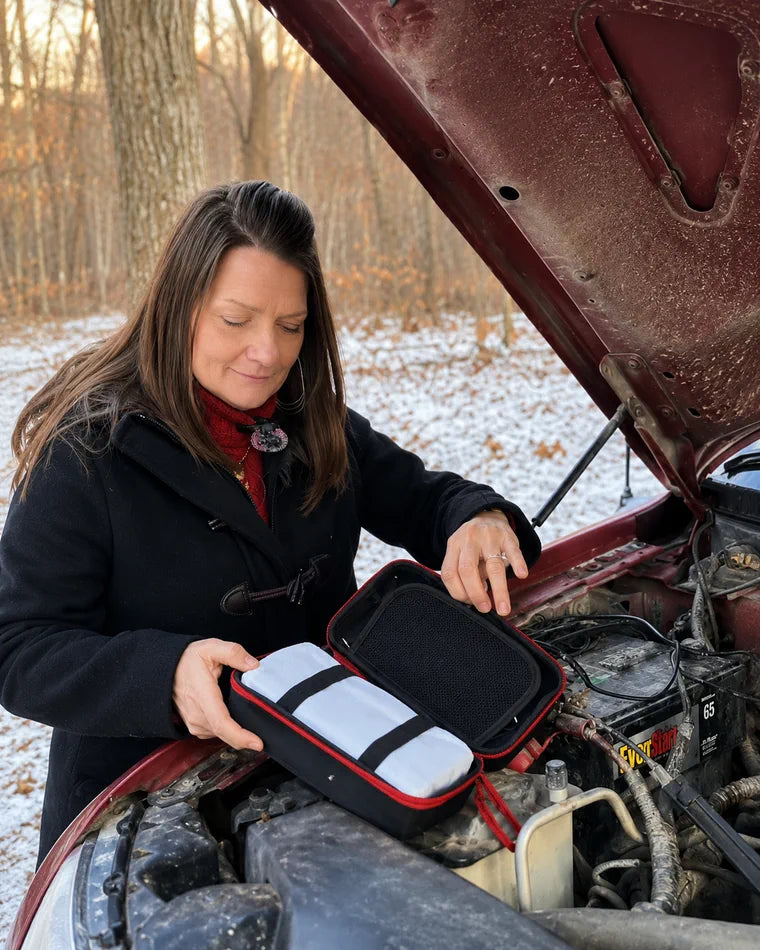 Driver opening a compact roadside kit beside a car battery in winter