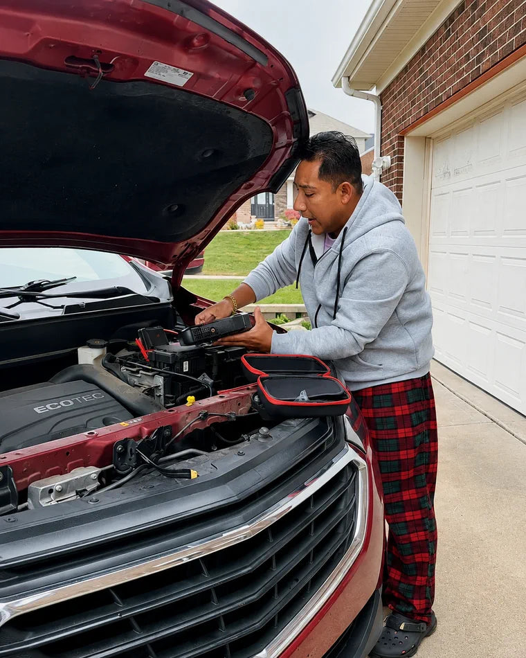 Driver preparing roadside equipment during a driveway vehicle check