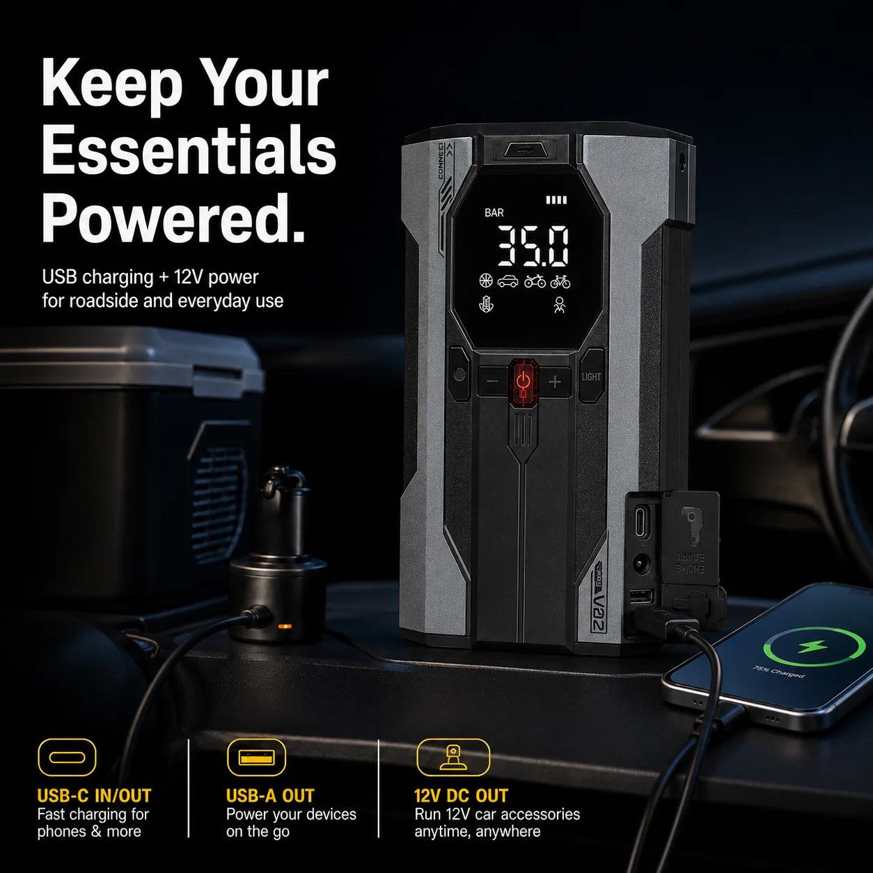 V02 Max USB and 12V emergency power outputs