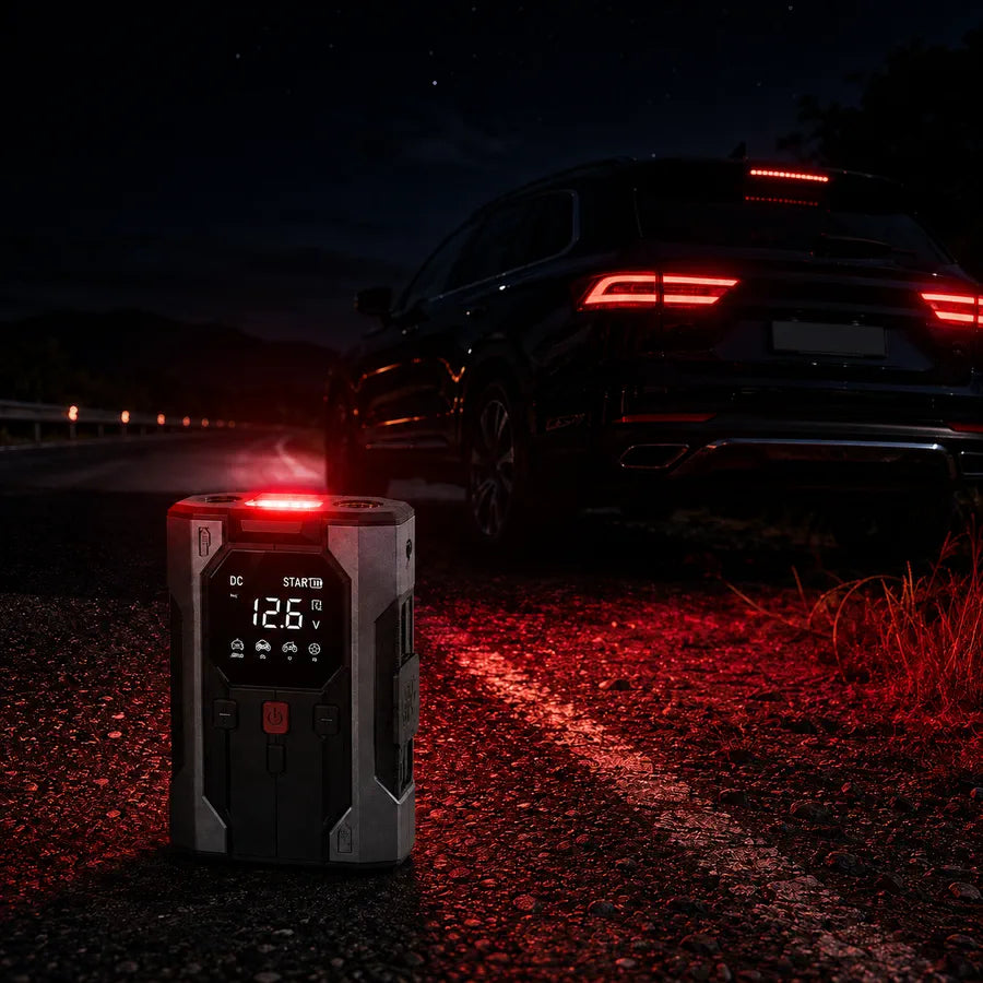 V02 Max warning light illuminating a dark roadside