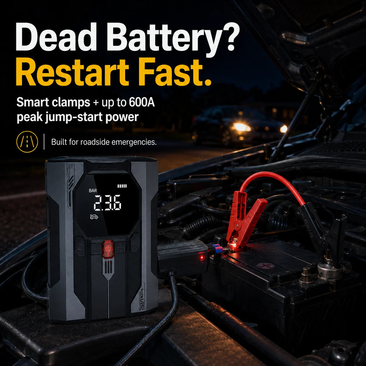 V02 Max protected smart clamps supporting a weak vehicle battery restart